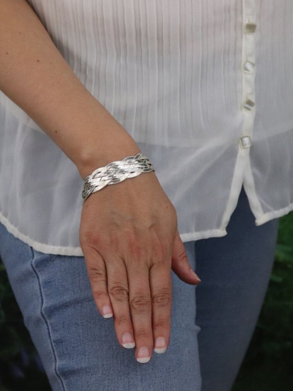 Sterling Silver Herringbone Weaved Braided Bracelet 7 1/2" inch - Picture 2 of 7